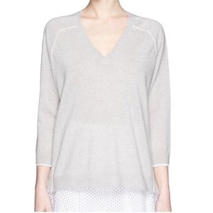 J. Crew | Tipped Side Panel Merino Wool V-Neck Sweater with Piping in Grey/White